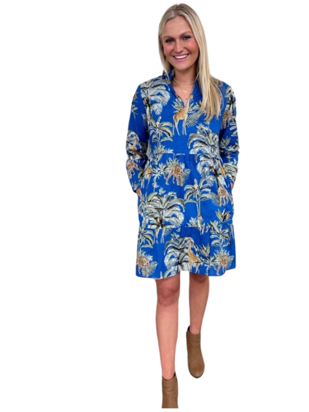 LIZA BYRD Marnie Cotton Jungle Print Dress in Brilliant Blue, NWT